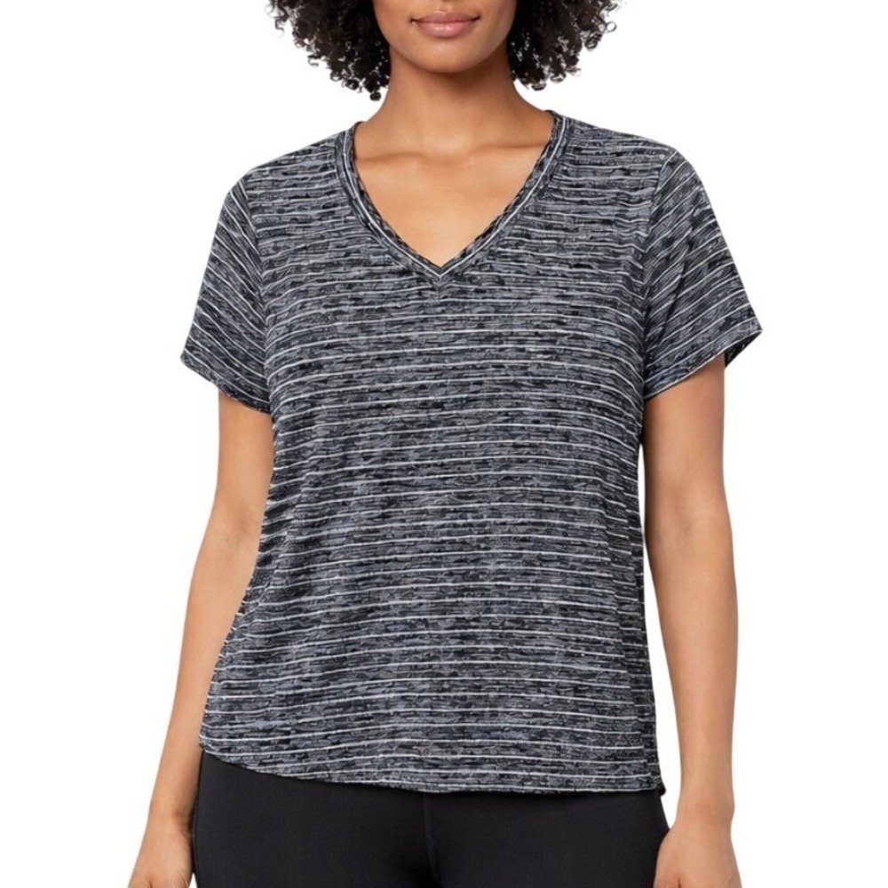 Athleta Breezy‎ Scoop V Neck Striped Short Sleeve Heather Gray T Shirt Women's L